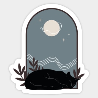 Sleepy cozy black cat with plants and night sky in vintage boho minimalist style Sticker